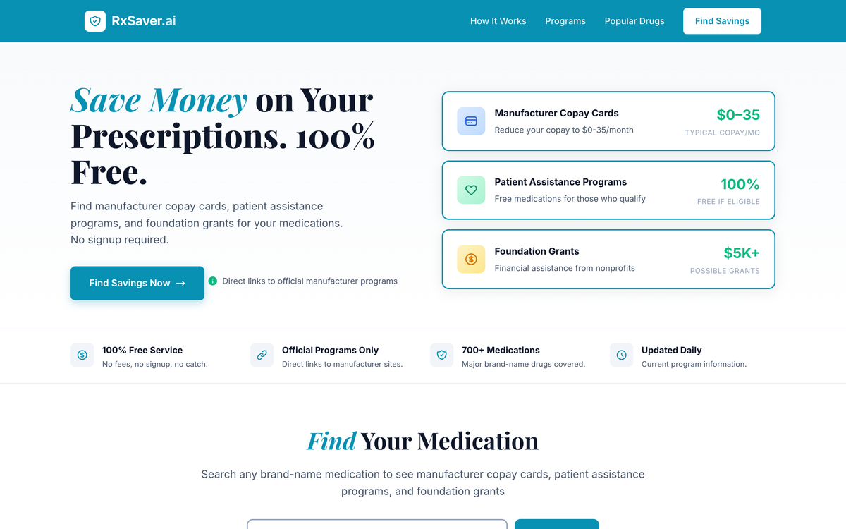 rxsaver.ai — manufacturer copay cards, patient assistance programs and foundation grants